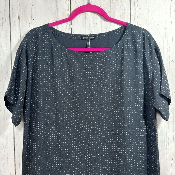 Eileen Fisher Gray Tencell Blend Morse Code Shift Short Sleeve Lightweight Dress - Picture 2 of 13
